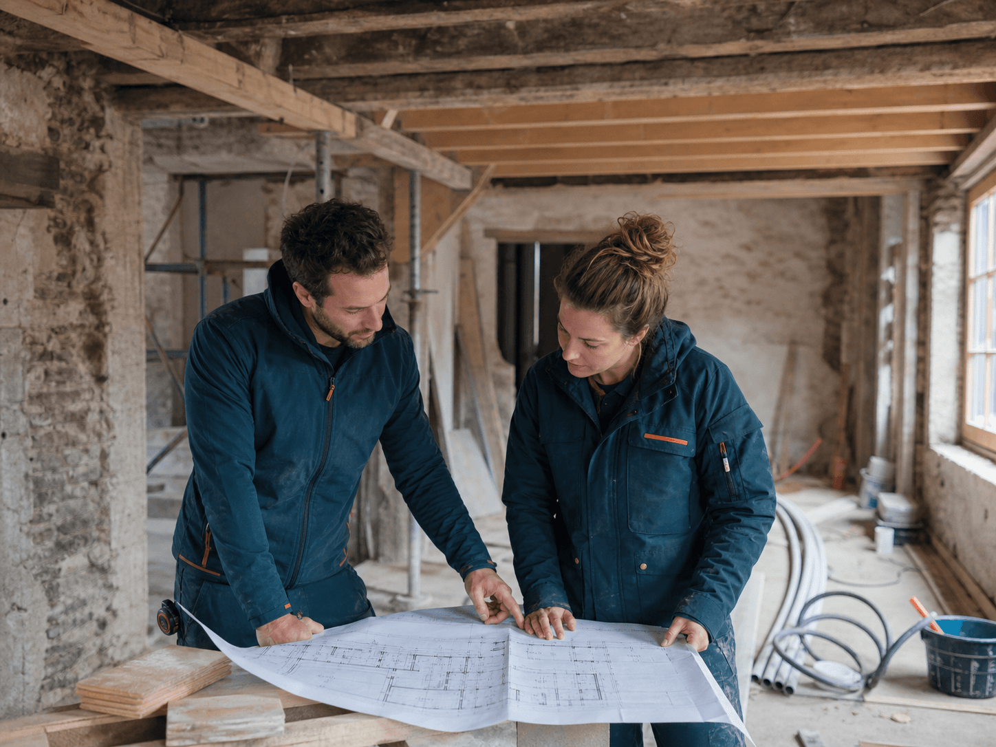 Deux professionnels coordonnant un chantier à partir de plans