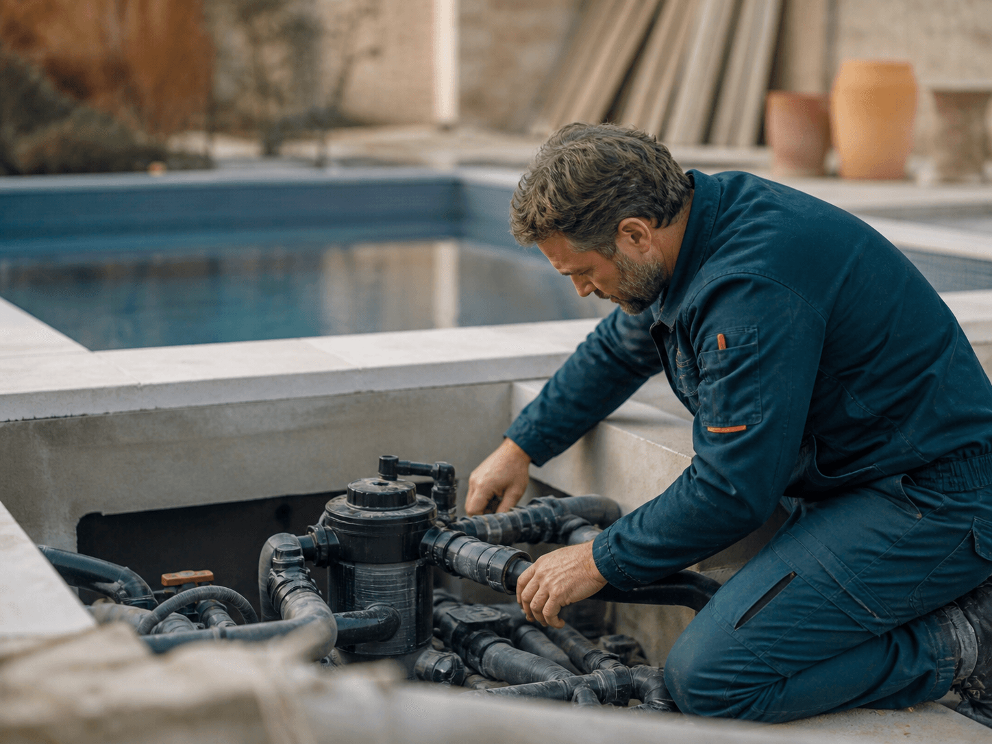 Pisciniste en intervention sur un chantier